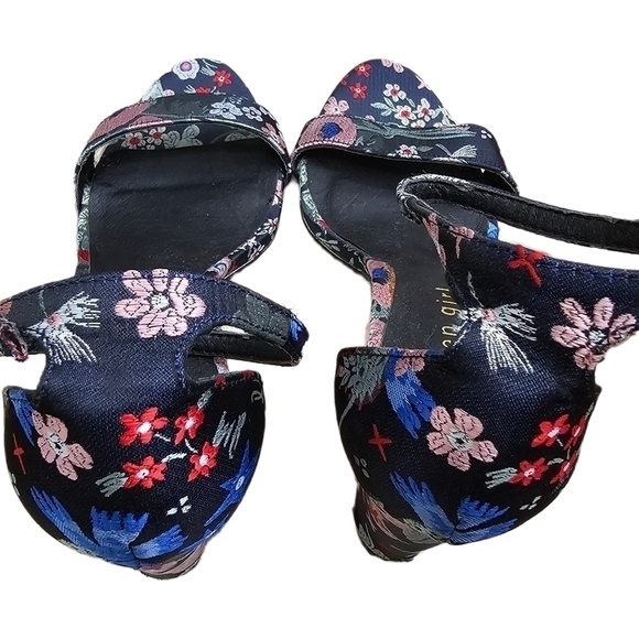 Floral Y2K embroidered navy open toe sandal heels shoes size 8.5 - Picture 7 of 13